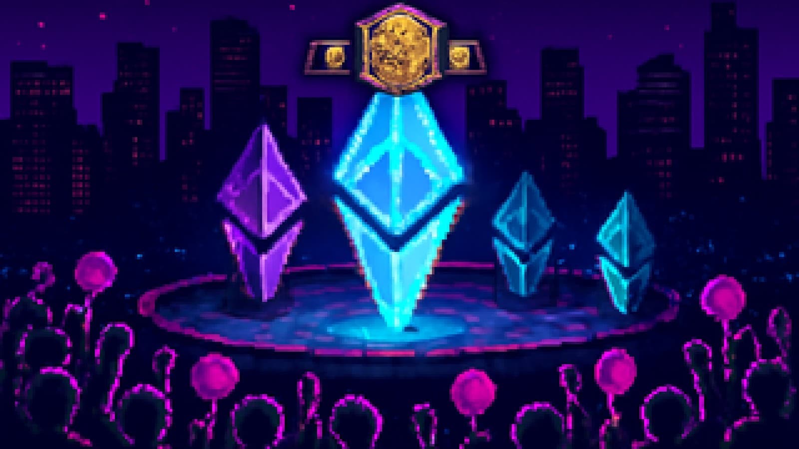 Pixel-art arena where a tall glowing crystal tower wears a championship belt, a purple tower is in second place and three dimmer towers stand to the sides.