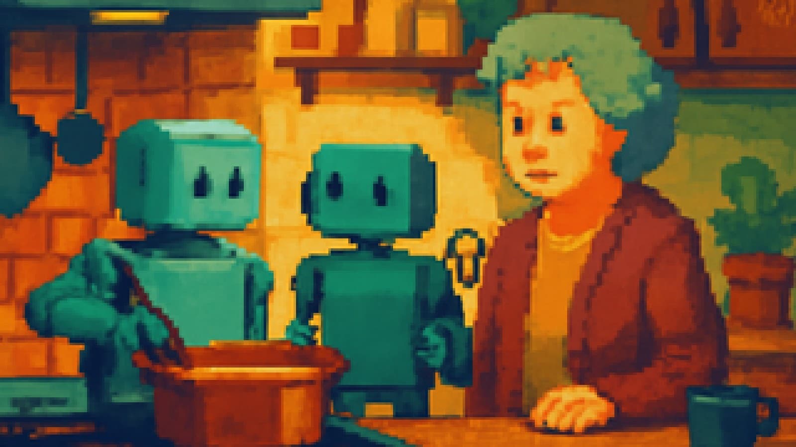 Pixel-art kitchen with one robot cooking alone and another holding a whisk beside a puzzled grandmother.