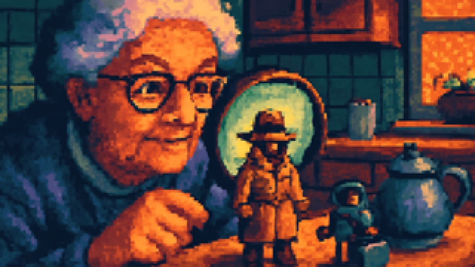 Pixel-art grandmother inspecting a tiny trench-coated robot with a magnifying glass while a toolbox-carrying robot waits nearby.