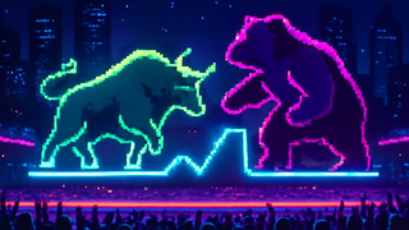 Pixel-art bull and bear facing off on a neon chart-shaped arena while pixel spectators cheer