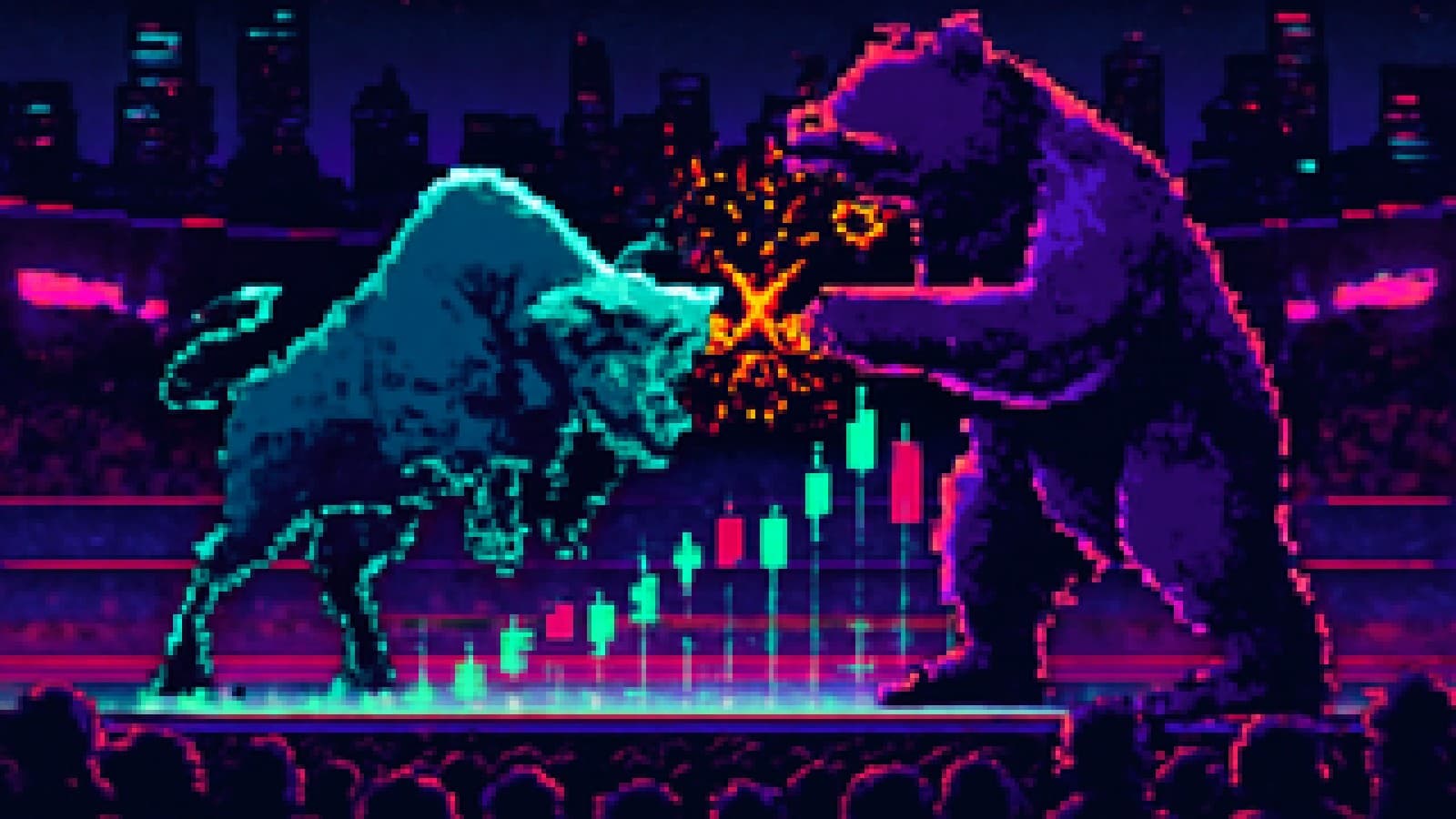 Pixel-art bull and bear clashing on top of a glowing price chart in a retro arcade arena