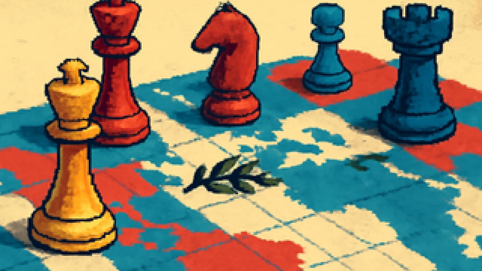 Pixel-art chessboard shaped like a world map with five large pieces surrounding an olive branch in the center