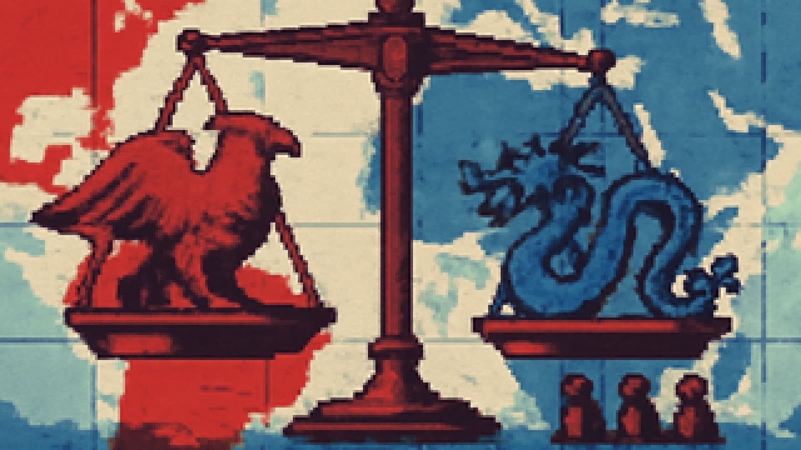 Pixel-art balance scale over a world map, an eagle weight slightly outweighing a dragon weight while three smaller weights wait nearby