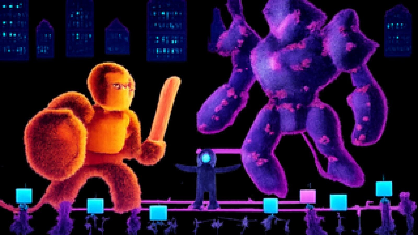 Pixel-art arena showing an orange coin knight facing a purple crystal mech while a robot referee stands between them and a crowd watches.