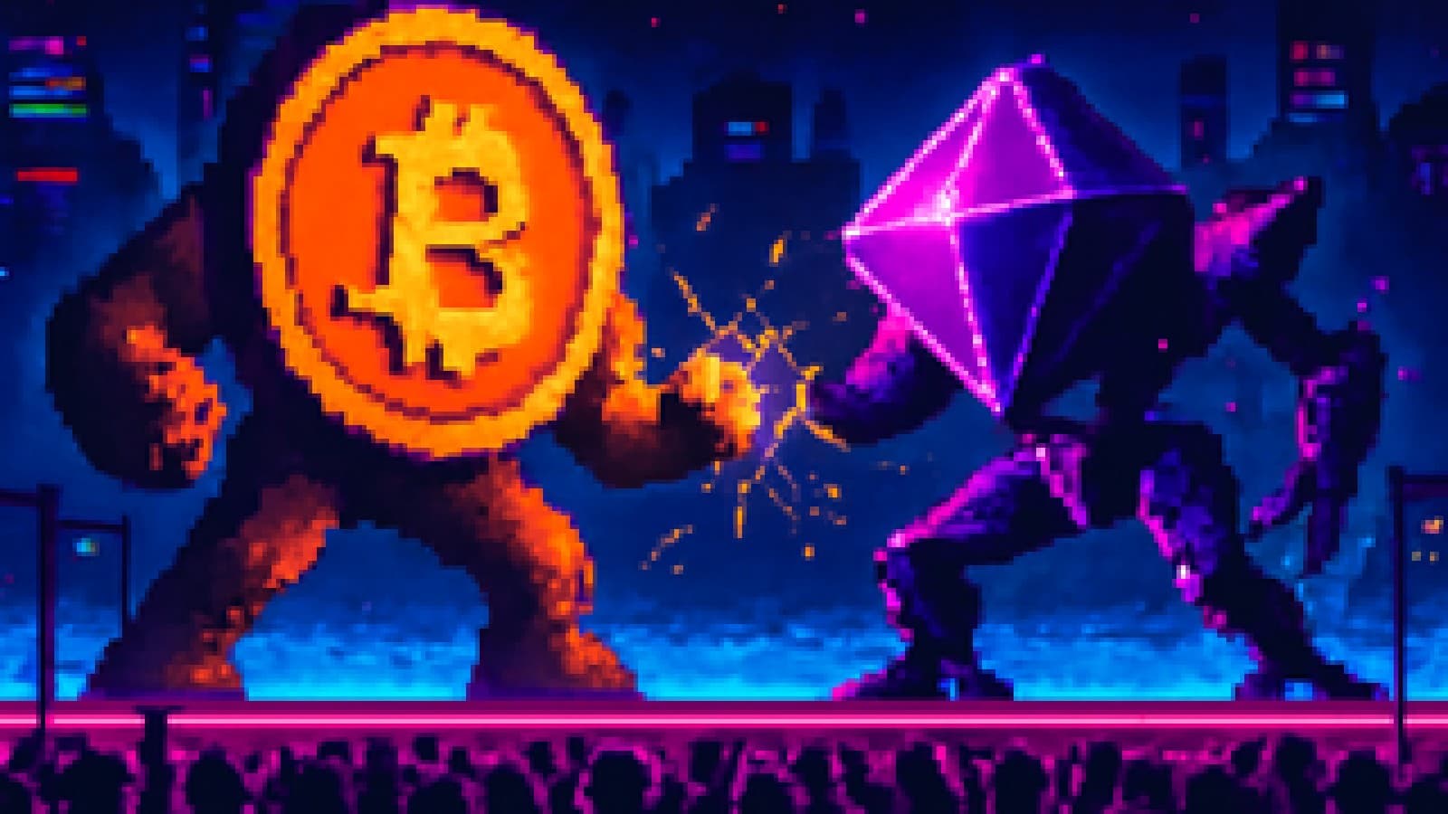 Pixel-art illustration of an orange coin titan facing a purple crystal mech on a neon arena stage.