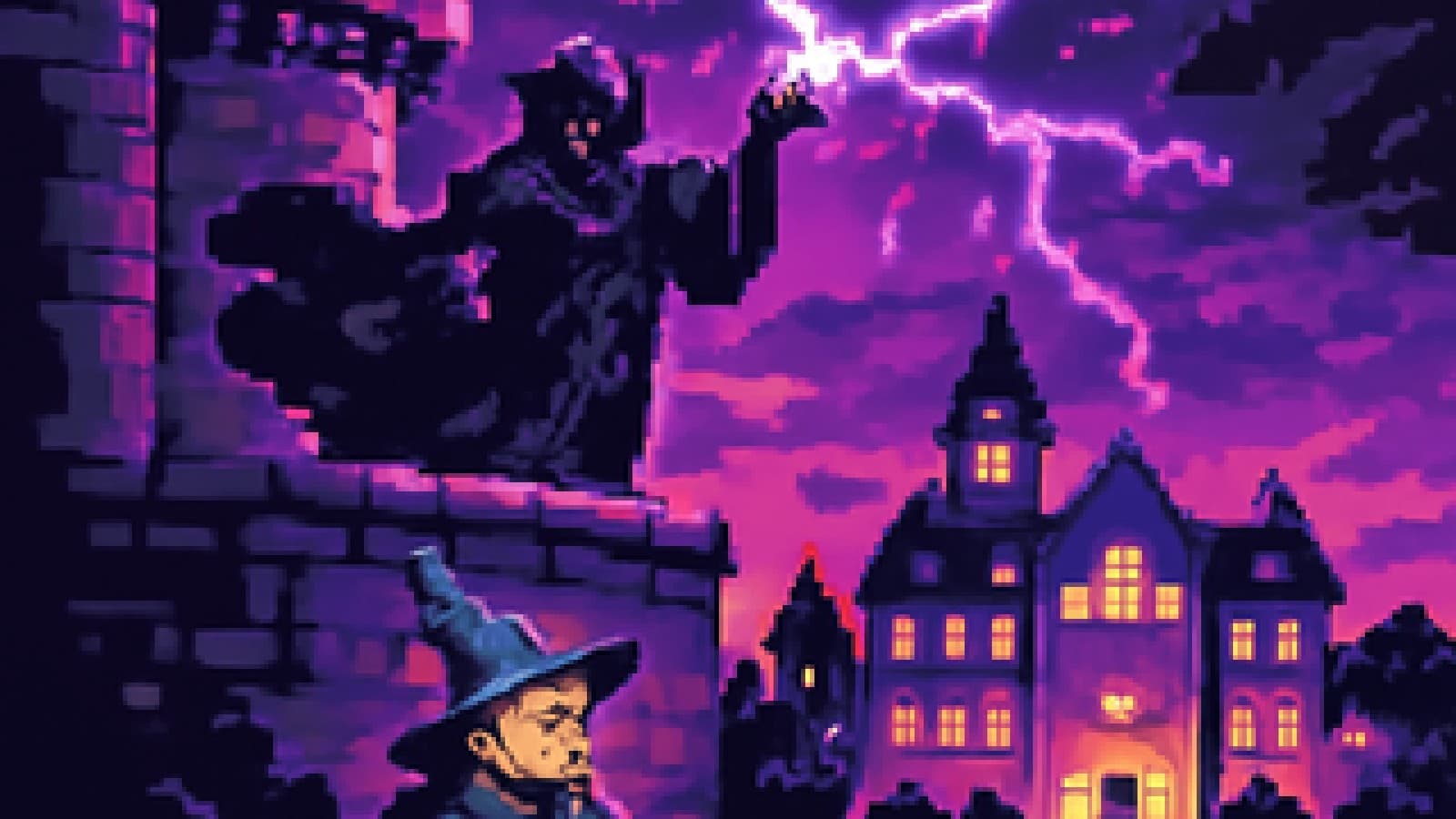 Pixel art of a dark sorcerer casting lightning from a castle balcony above a glowing magical school.