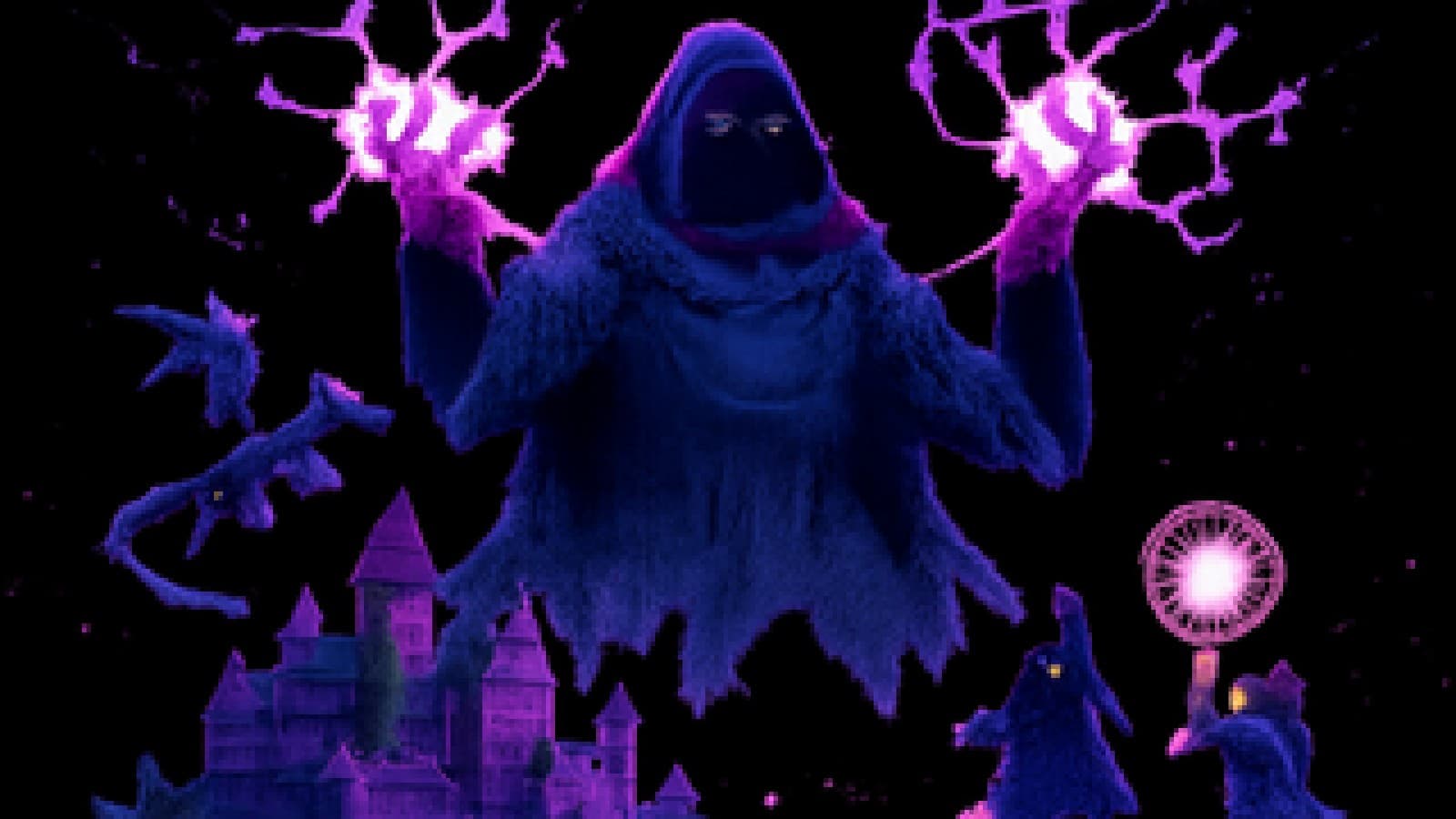 Pixel art of a dark sorcerer towering over a fantasy kingdom with a magical school, a dragon and a healer in the background.
