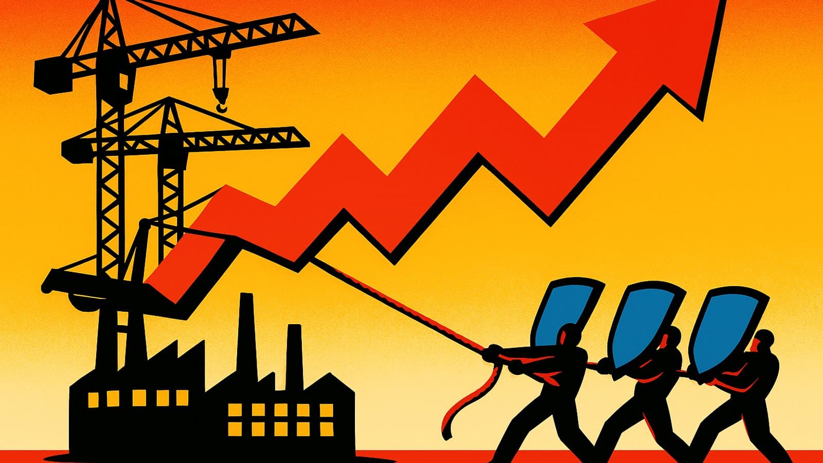 Illustration of a tug-of-war over a rising interest-rate arrow, with sagging construction cranes on one side and shield-holding figures on the other