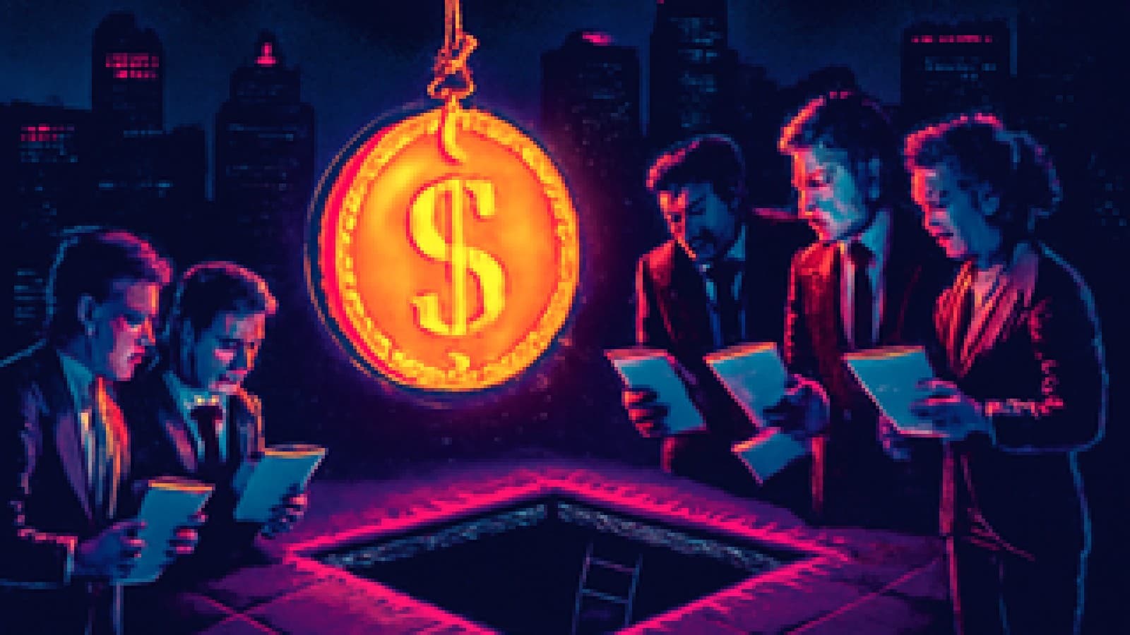 Pixel-art orange coin hanging on a rope over an open trapdoor while traders look down into the darkness
