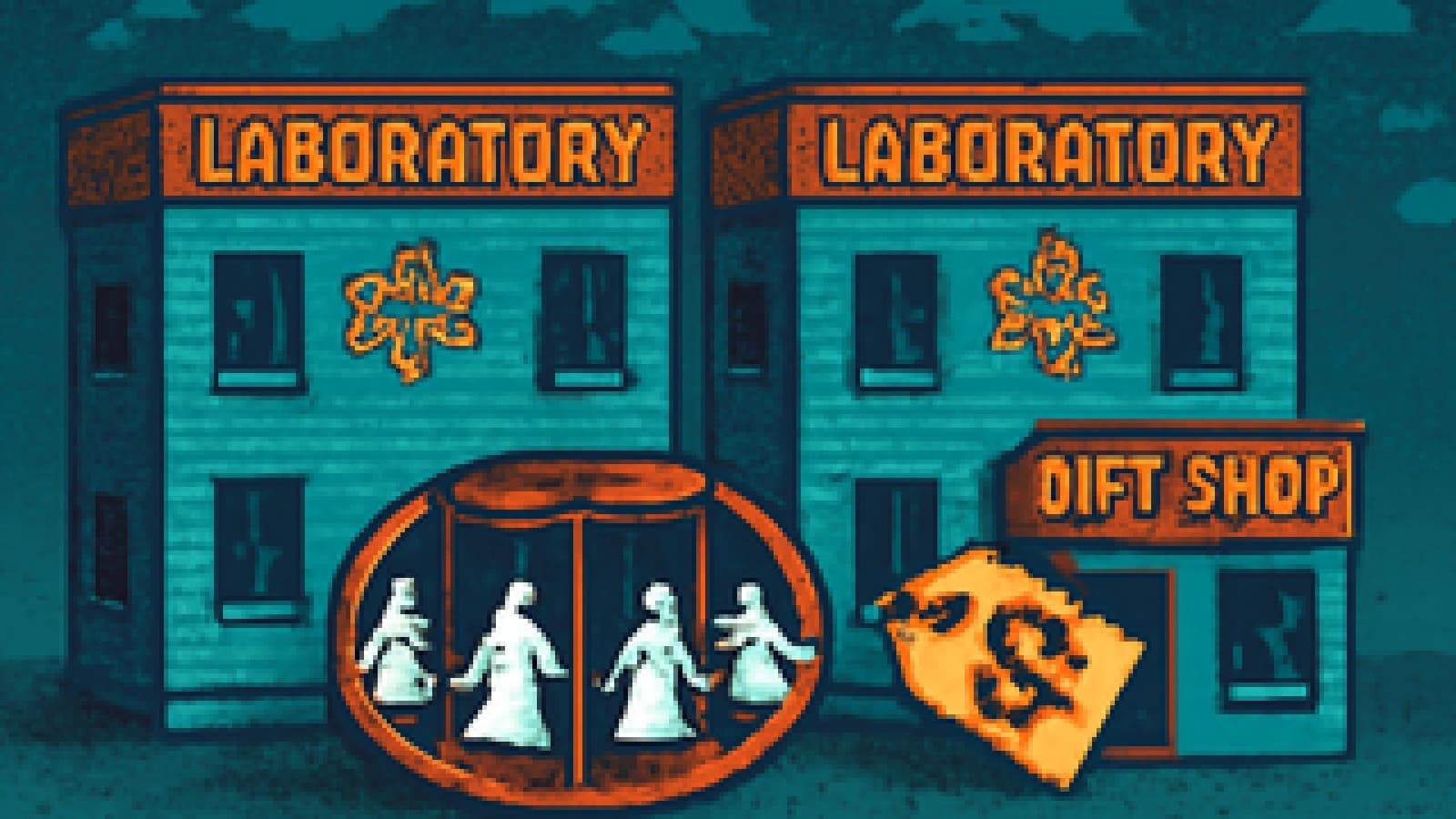 Pixel art of two twin laboratories connected by a revolving door, with a tiny gift shop next to them
