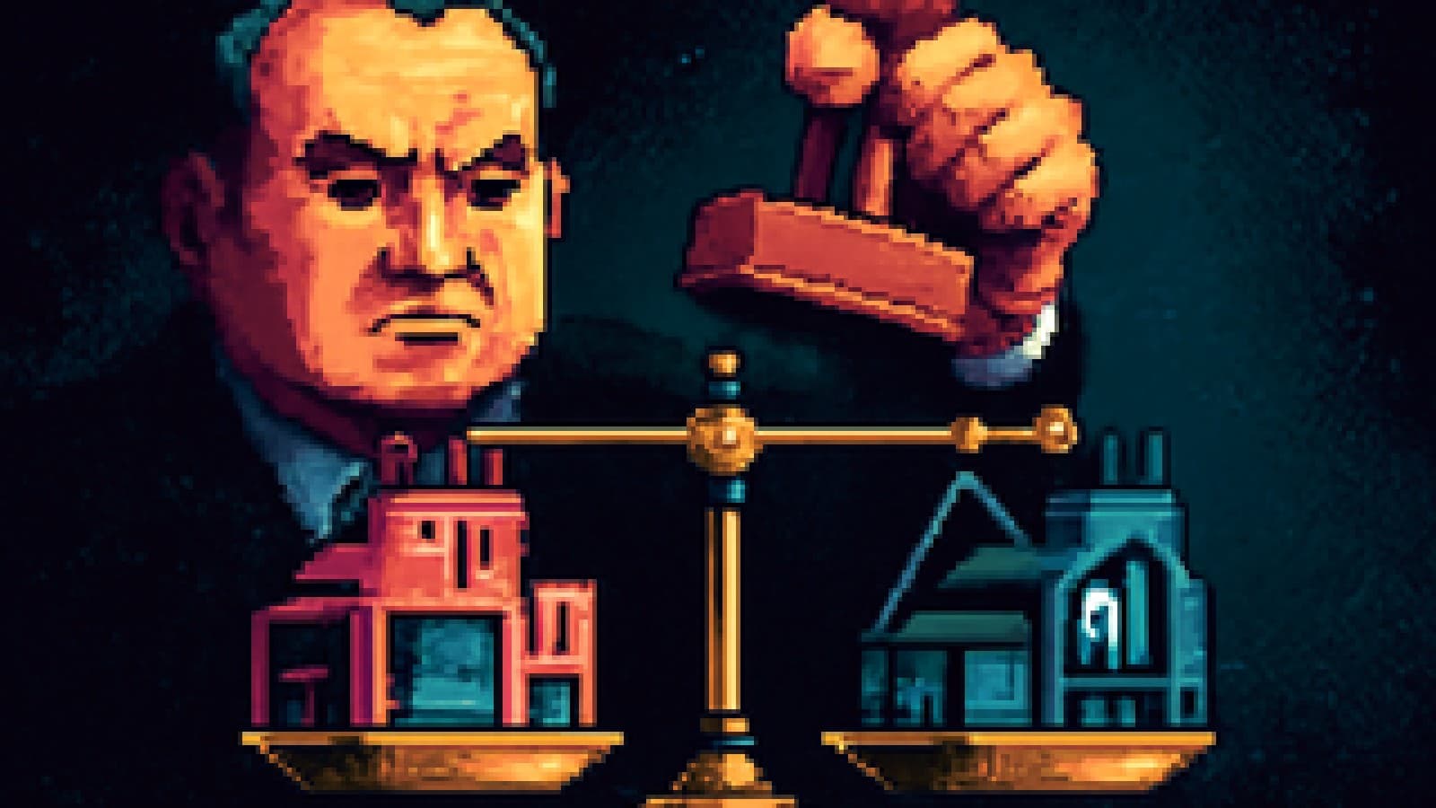 Pixel art of two AI laboratories balanced evenly on a giant brass scale under a hovering official stamp