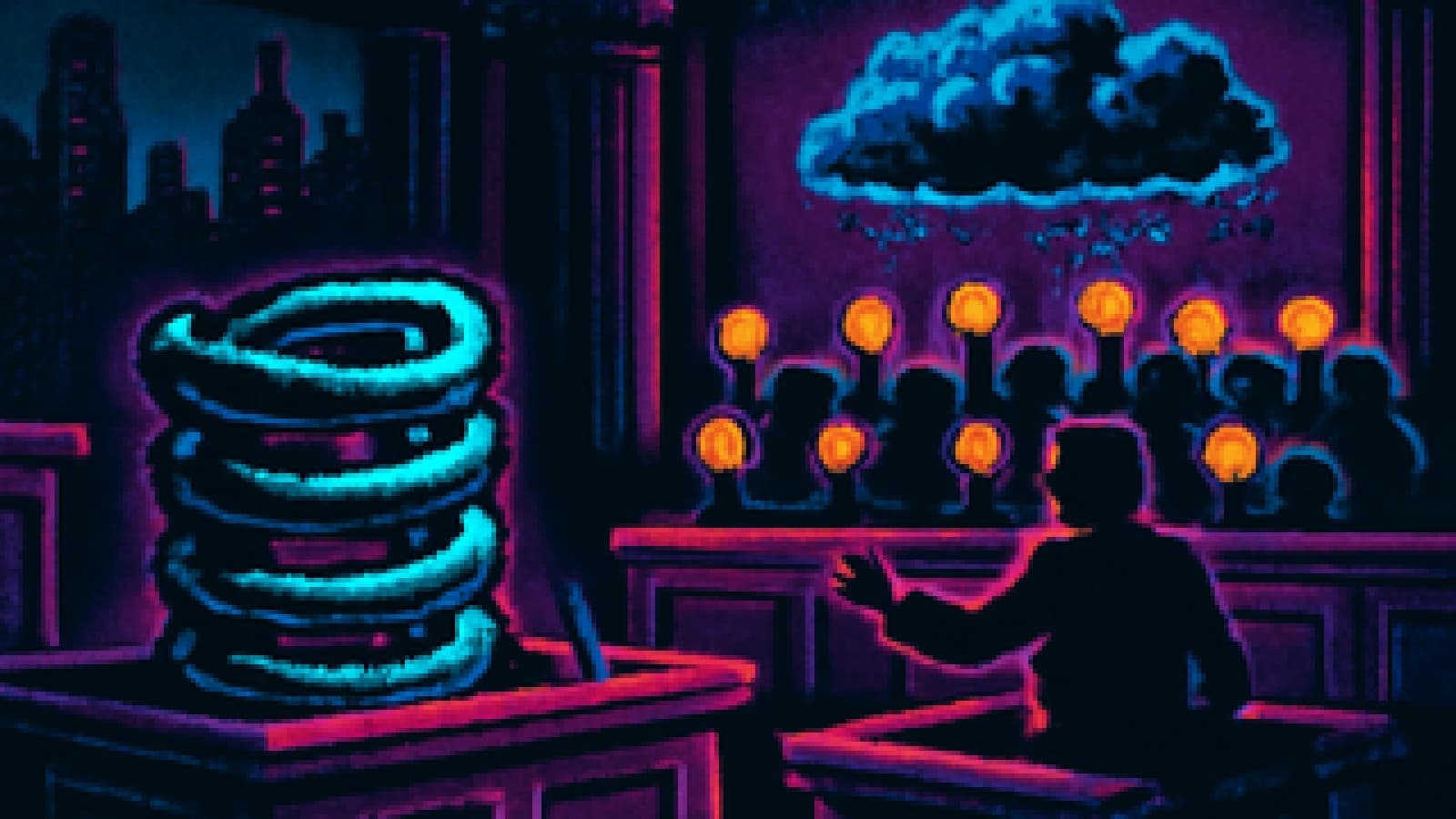 Pixel-art courtroom with a coiled spring in the dock, a storm cloud in the gallery and a jury of small figures holding orange coins.