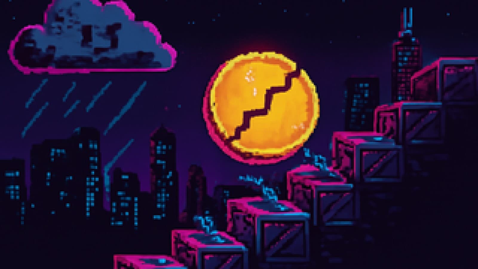 Pixel-art golden coin falling down a staircase of collapsing crates full of springs, watched by a storm cloud.