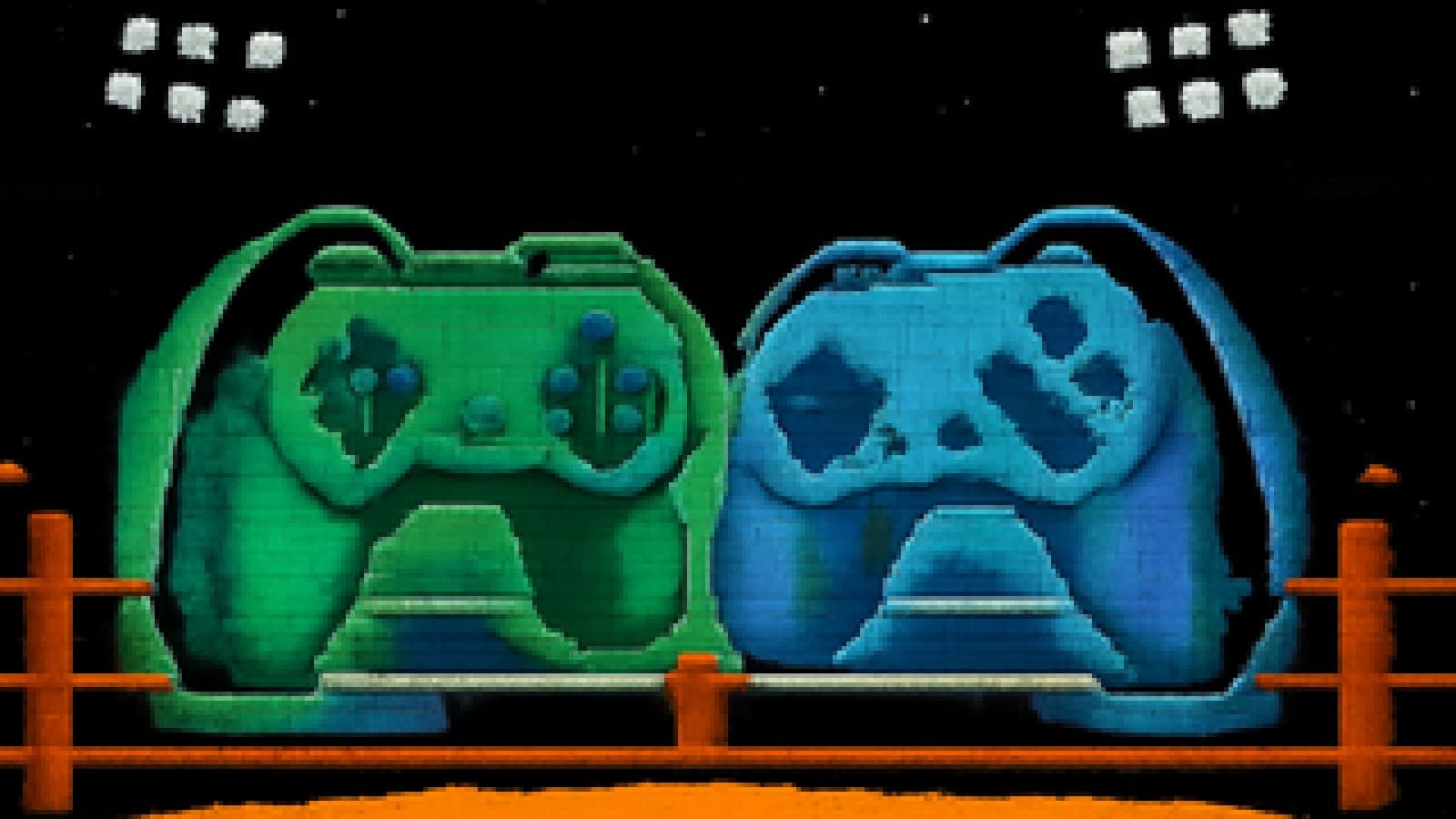 Pixel-art boxing ring where a green-lit controller and a blue-lit controller square off in front of a cheering crowd.