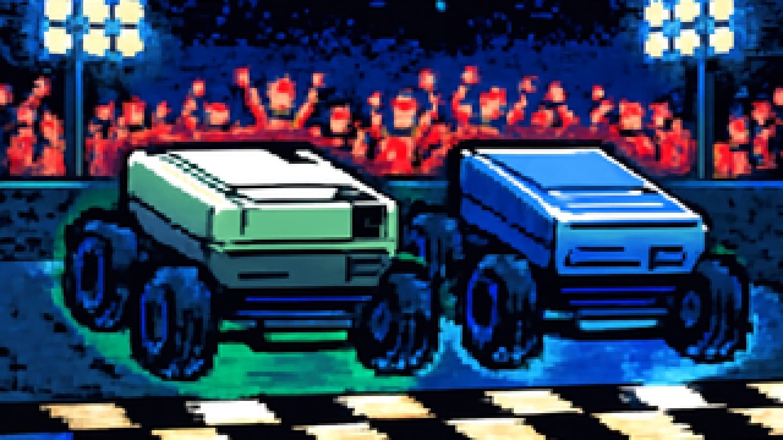 Pixel-art green and blue console-shaped race cars launching off a starting line, with the green one just ahead.