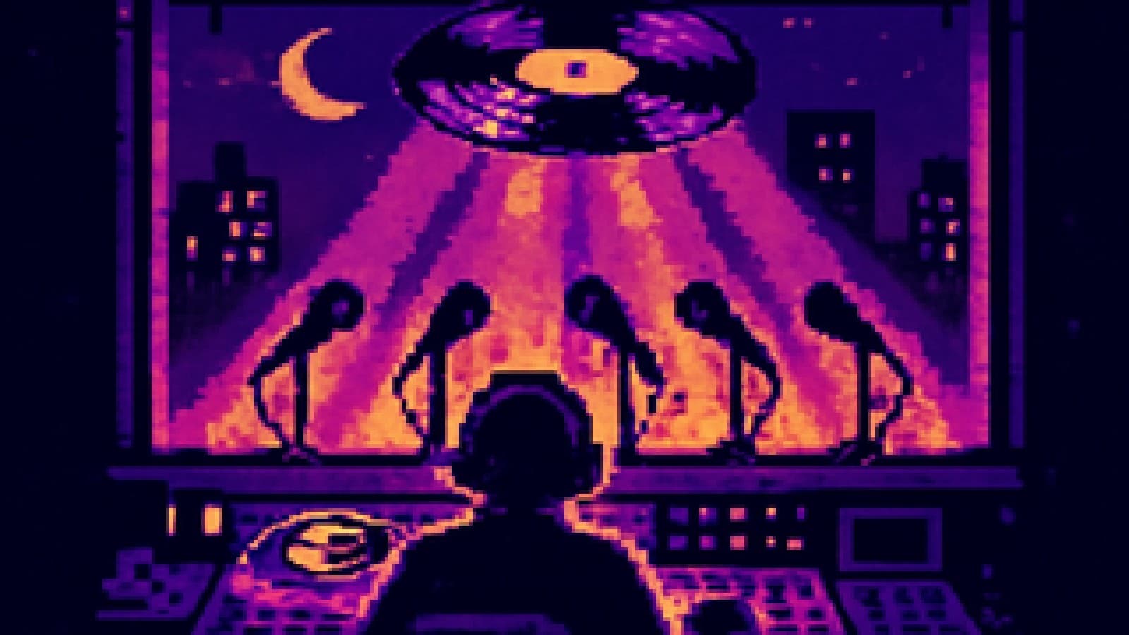 Pixel-art radio booth with a spinning record sending light toward five empty microphones under a crescent moon