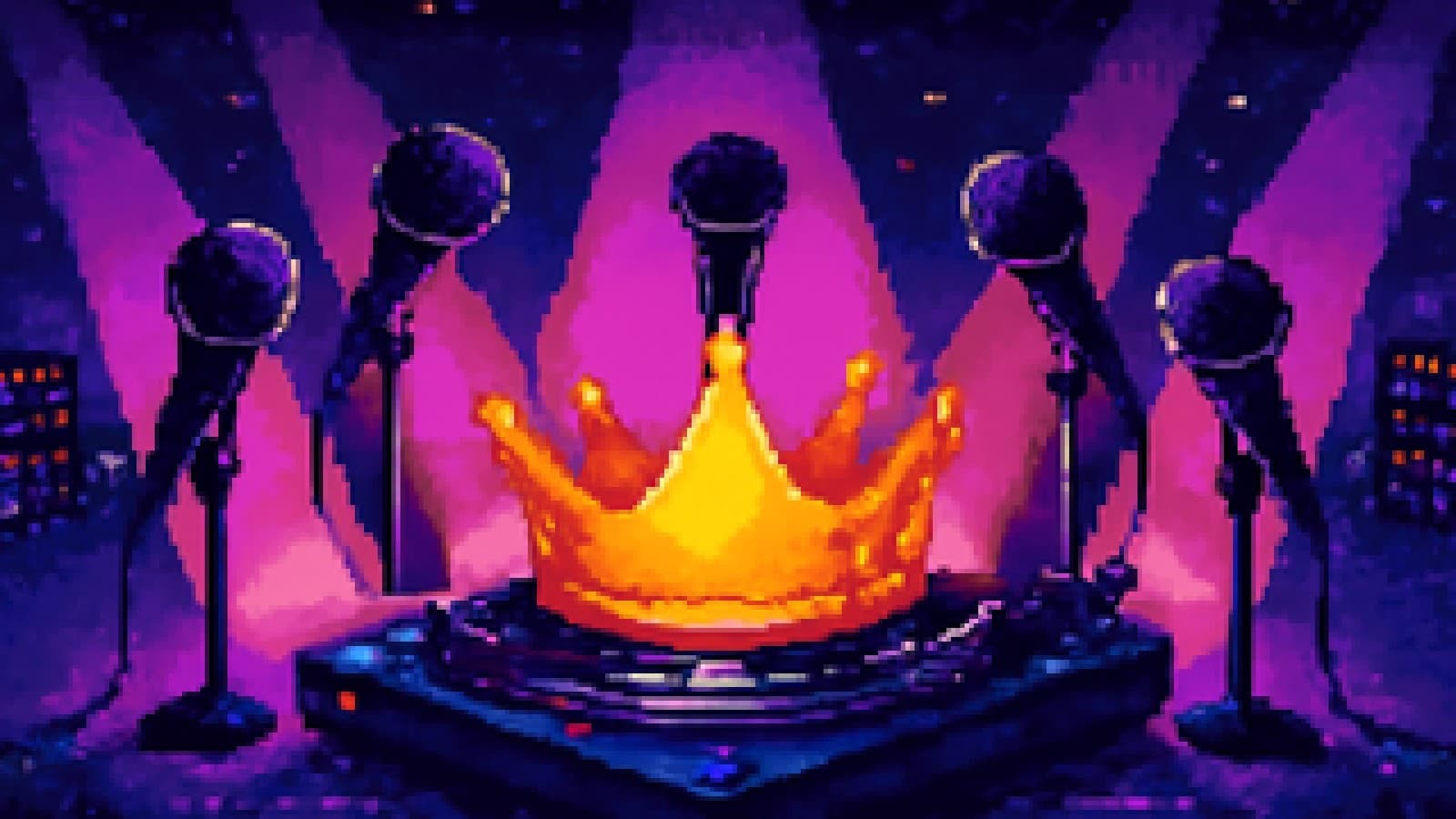 Pixel-art golden crown on a spinning turntable surrounded by five spotlit microphones at night