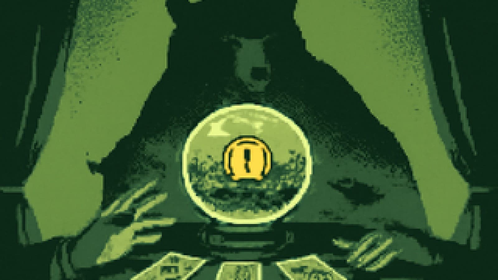 Pixel-art crystal ball with a gold coin falling into dark mist, a bear shadow behind it and a faint bull at the edge.