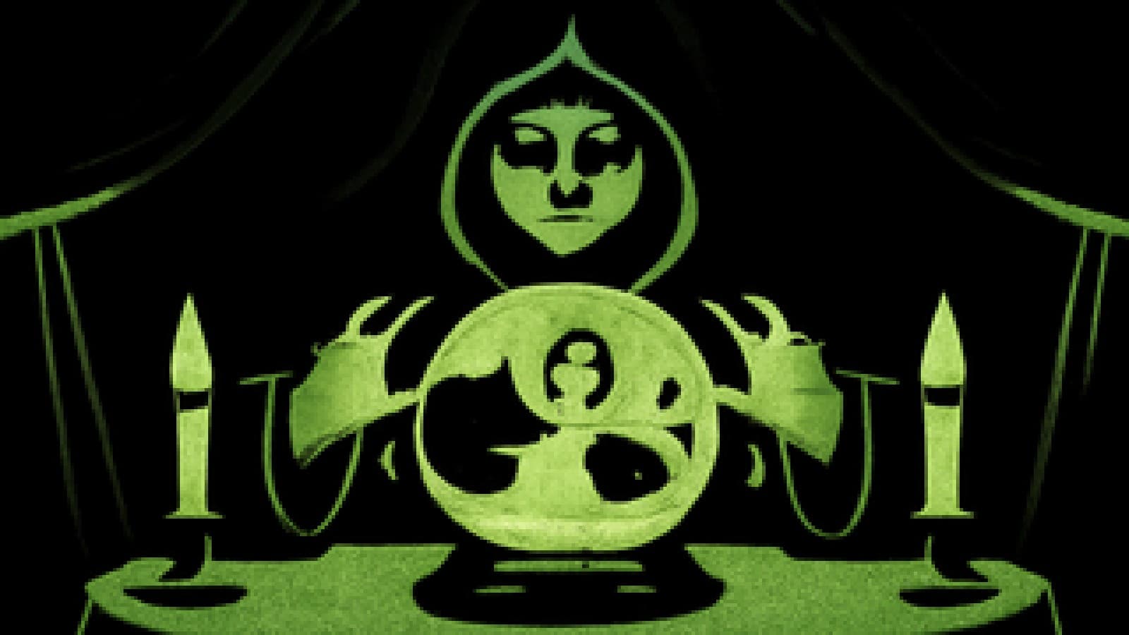 Pixel-art fortune teller's table with a crystal ball showing a gold coin falling through storm clouds, a bear rising and a bull fading into mist.