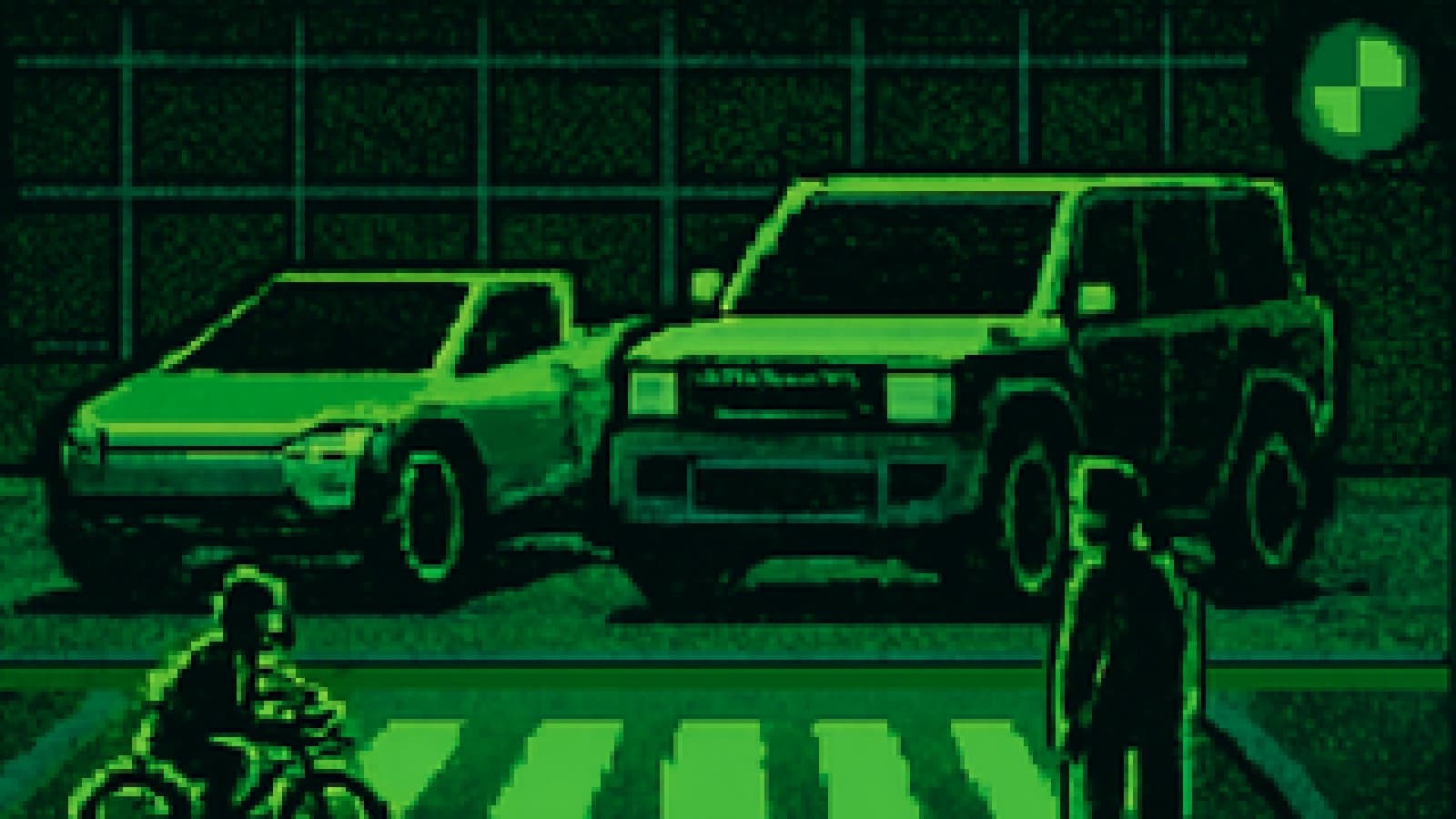 Pixel art of an angular steel truck and a boxy SUV at a crash-test site while a cyclist and pedestrian look on.