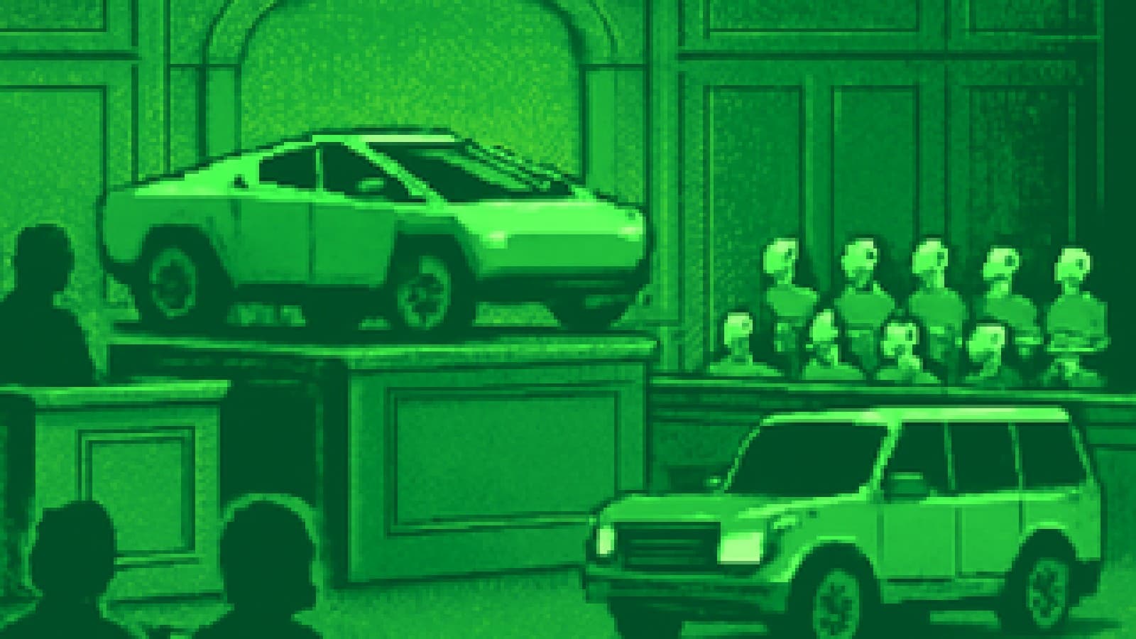 Pixel art of an angular steel truck winning a courtroom verdict over a boxy SUV, with crash-test dummies as the jury.