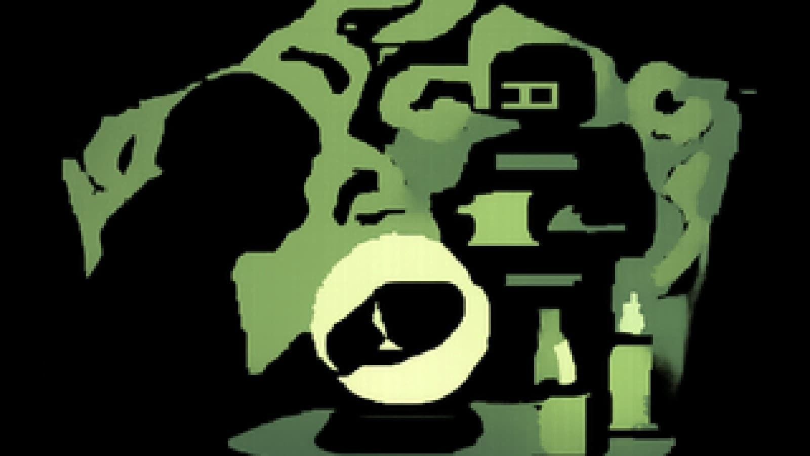 Pixel-art crystal ball showing a human hand with a teacup while a robot folds laundry in the misty background.