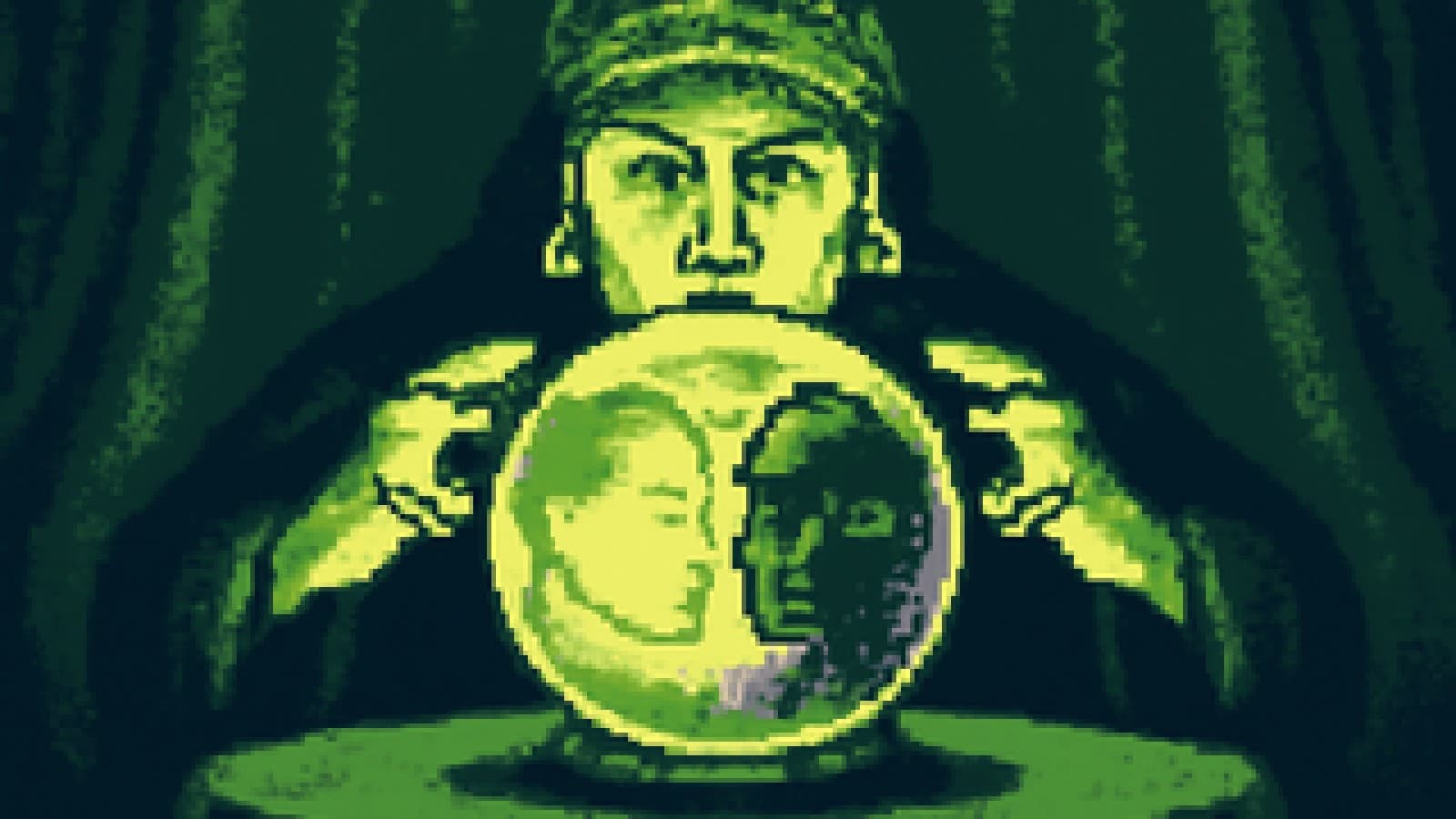 Pixel-art crystal ball showing a human figure glowing brightly while a robot fades into swirling mist.
