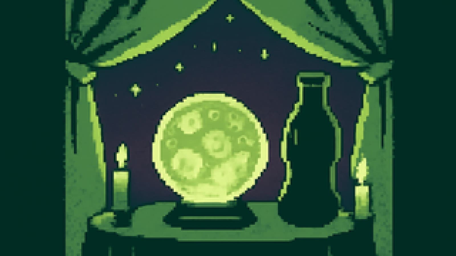 A pixel-art crystal ball full of glowing lemon-lime bubbles next to a drooping dark cola bottle in a candlelit fortune teller's tent.