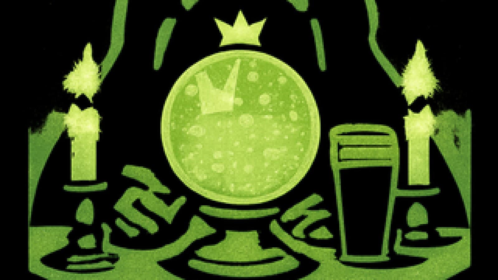 Pixel-art crystal ball full of crowned lemon-lime bubbles beside a flat glass of cola on a candlelit fortune teller's table.