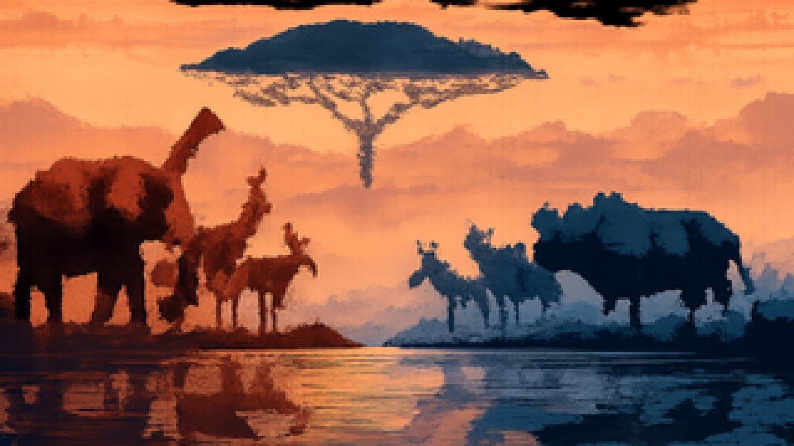 Two herds of animals face each other across a misty waterhole at dawn