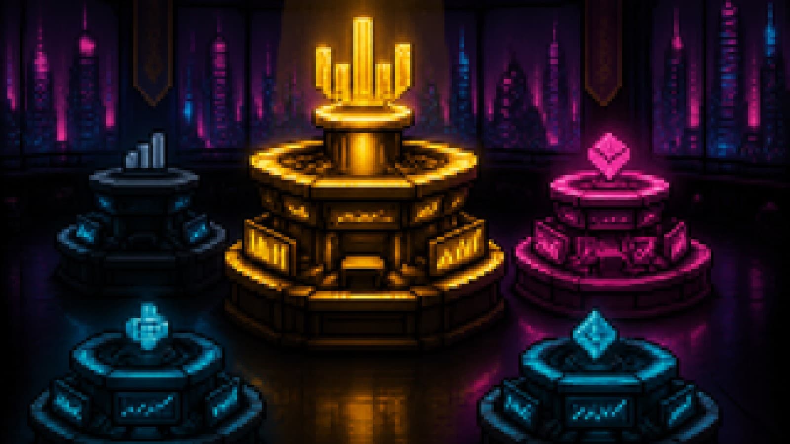 Illustration of five trading podiums: one huge and lit, one second, and a sleek corporate one left in shadow.