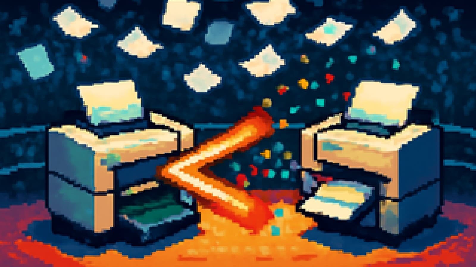 Two pixel-art printers battling in an arena, one firing light beams and the other spraying coloured ink.