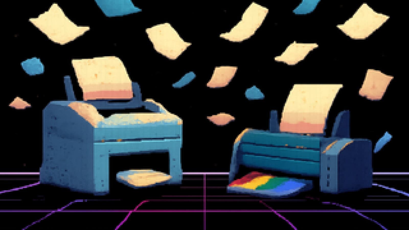 Pixel-art laser printer and inkjet printer facing off on a neon stage as paper flies around them.