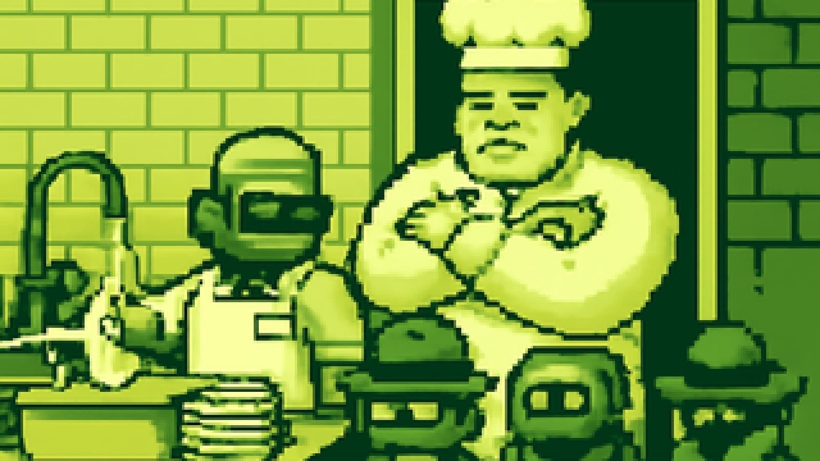 Pixel-art kitchen with a chef blocking disguised robots at the door while a badged robot washes dishes