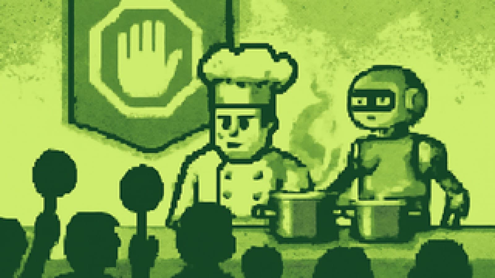 Pixel-art cooking competition with a human chef facing a robot chef in front of a cheering crowd