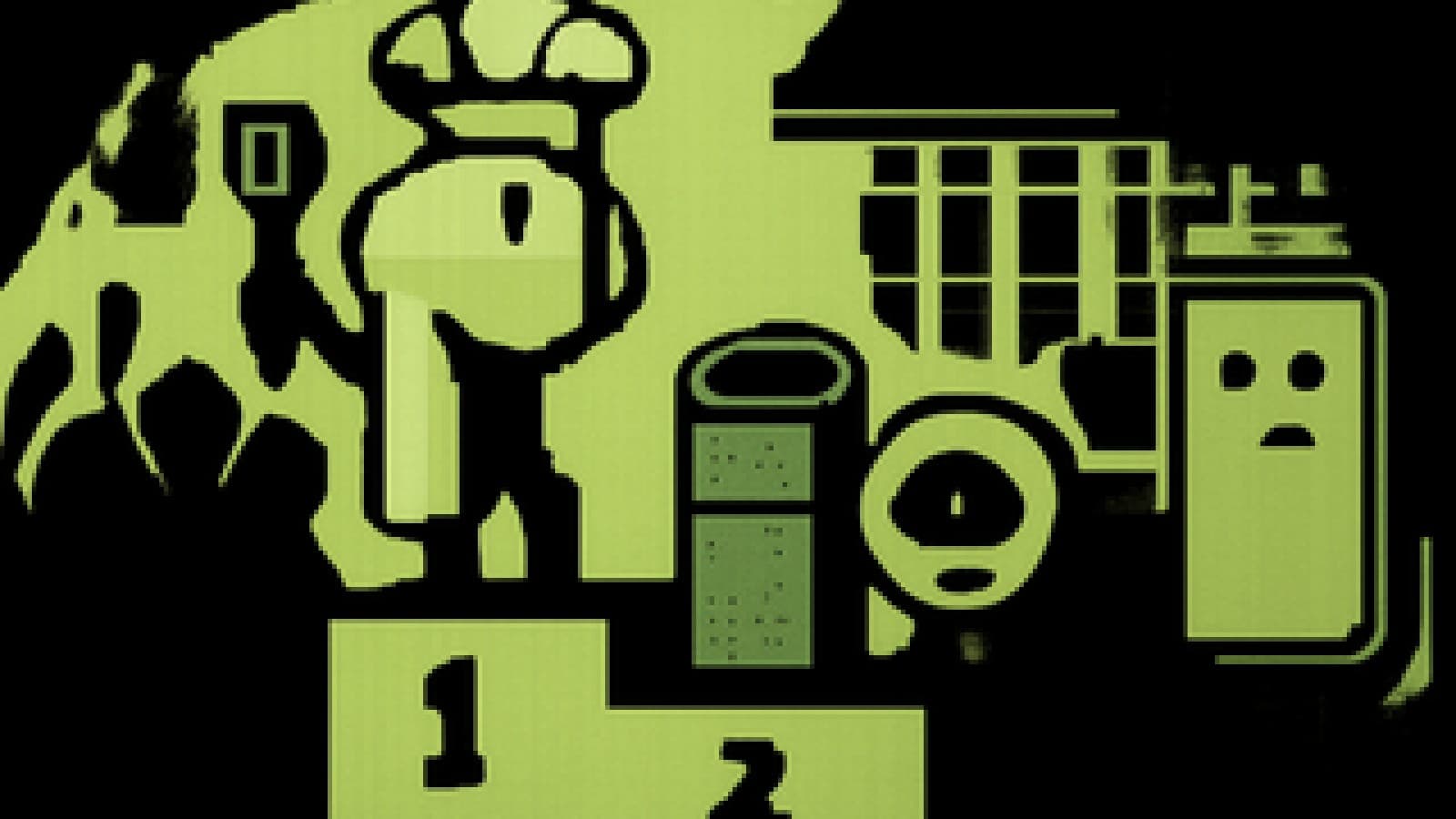 Pixel-art kitchen podium with chef-hat earbuds in first place, smart home gadgets in second, and a smartphone in the background.