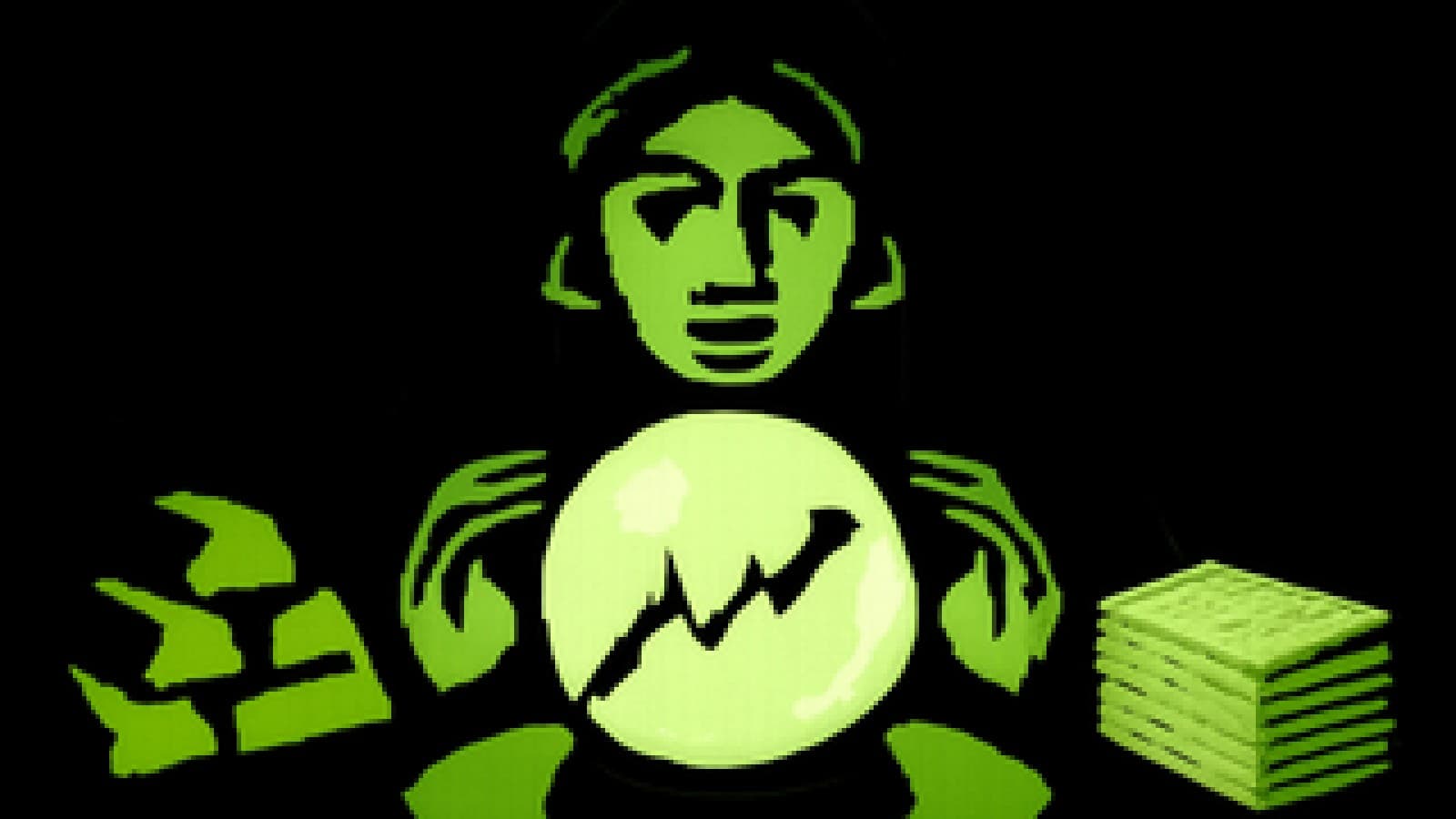 A pixel-art crystal ball showing a rising line, with gold bars in shadow and a pile of bonds nearby.