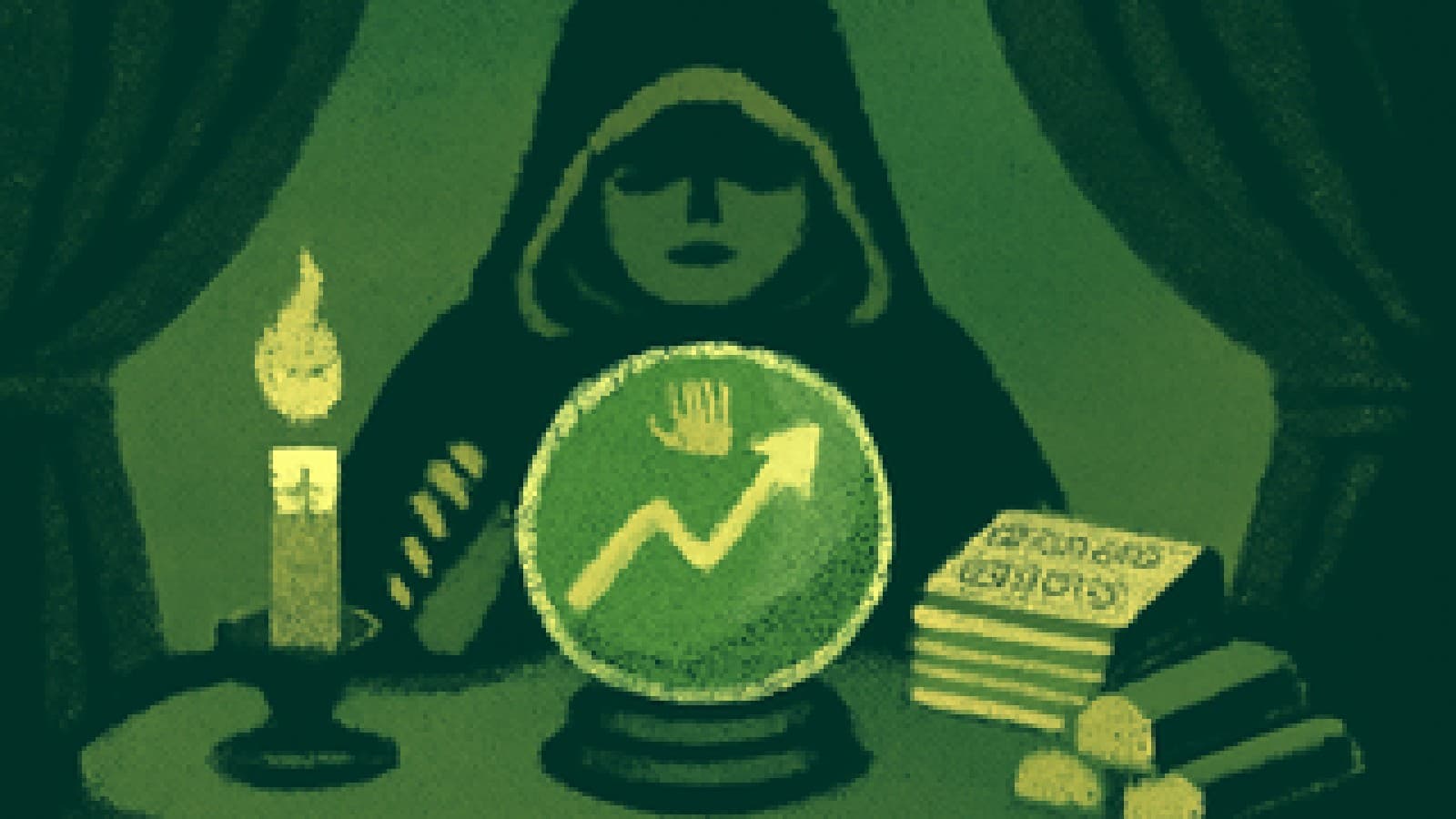 A pixel-art crystal ball showing a crowned rising chart line, with bond papers and dim gold bars on the table around it.
