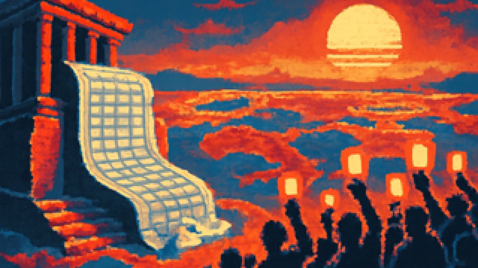 Pixel art of a crowd with lanterns facing away from a marble institution spitting out a long spreadsheet, toward a wide desert horizon.