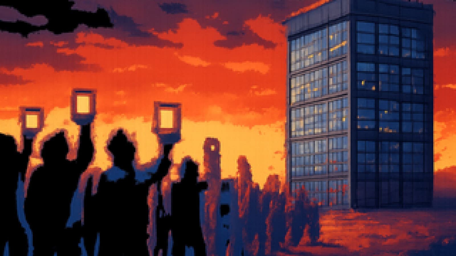 Pixel art of a crowd holding lanterns on a plain, turned away from a glass summit tower full of spreadsheets at sunset.