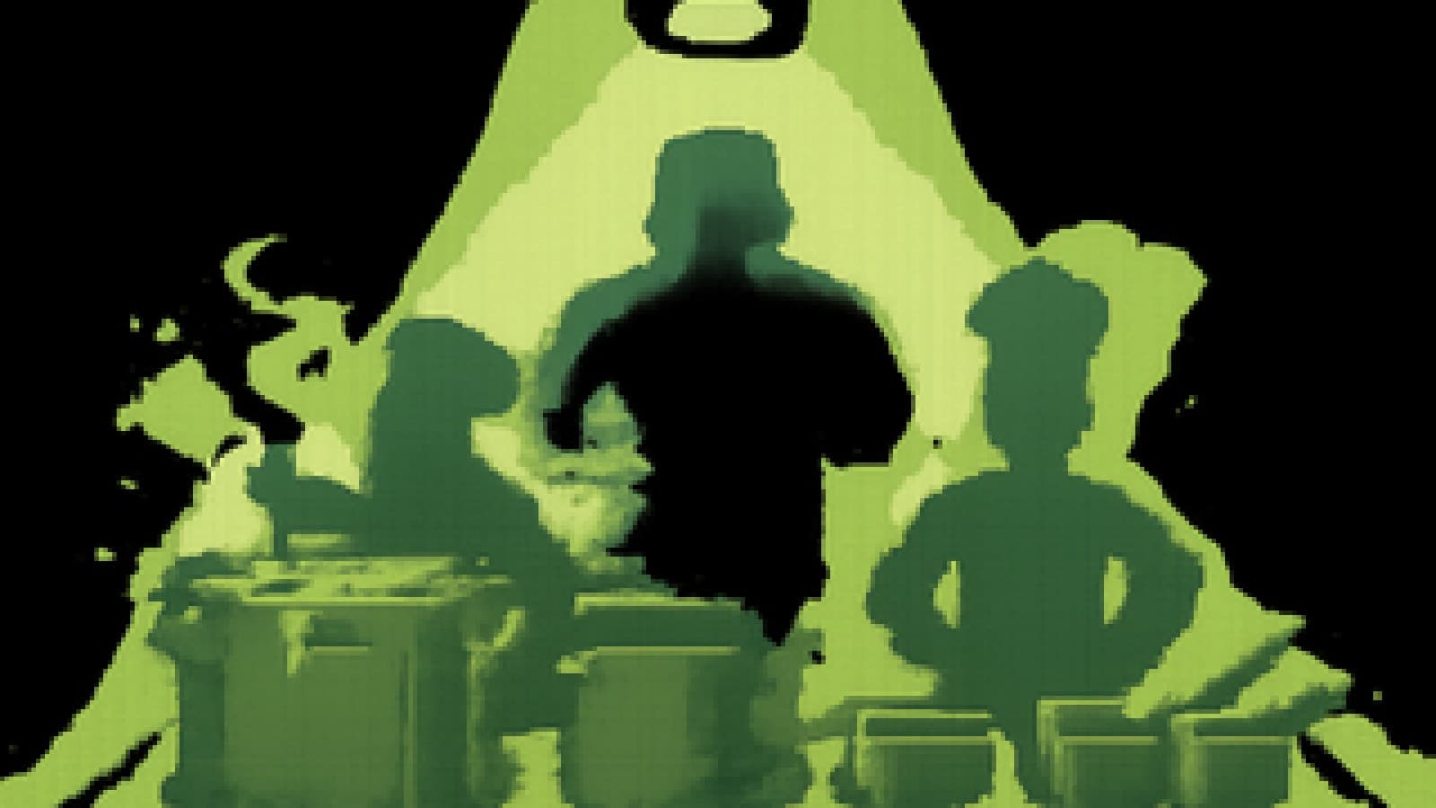 Pixel-art kitchen stage with two giant stockpots and three small saucepans under a spotlight
