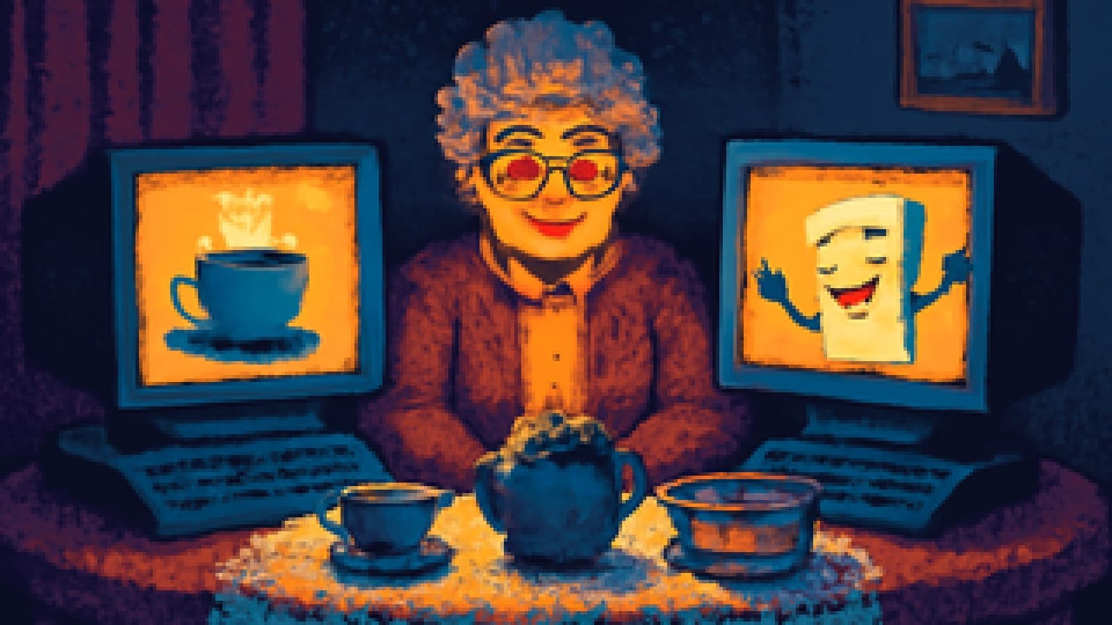 Pixel-art grandmother at a tea table between two glowing chatbot screens