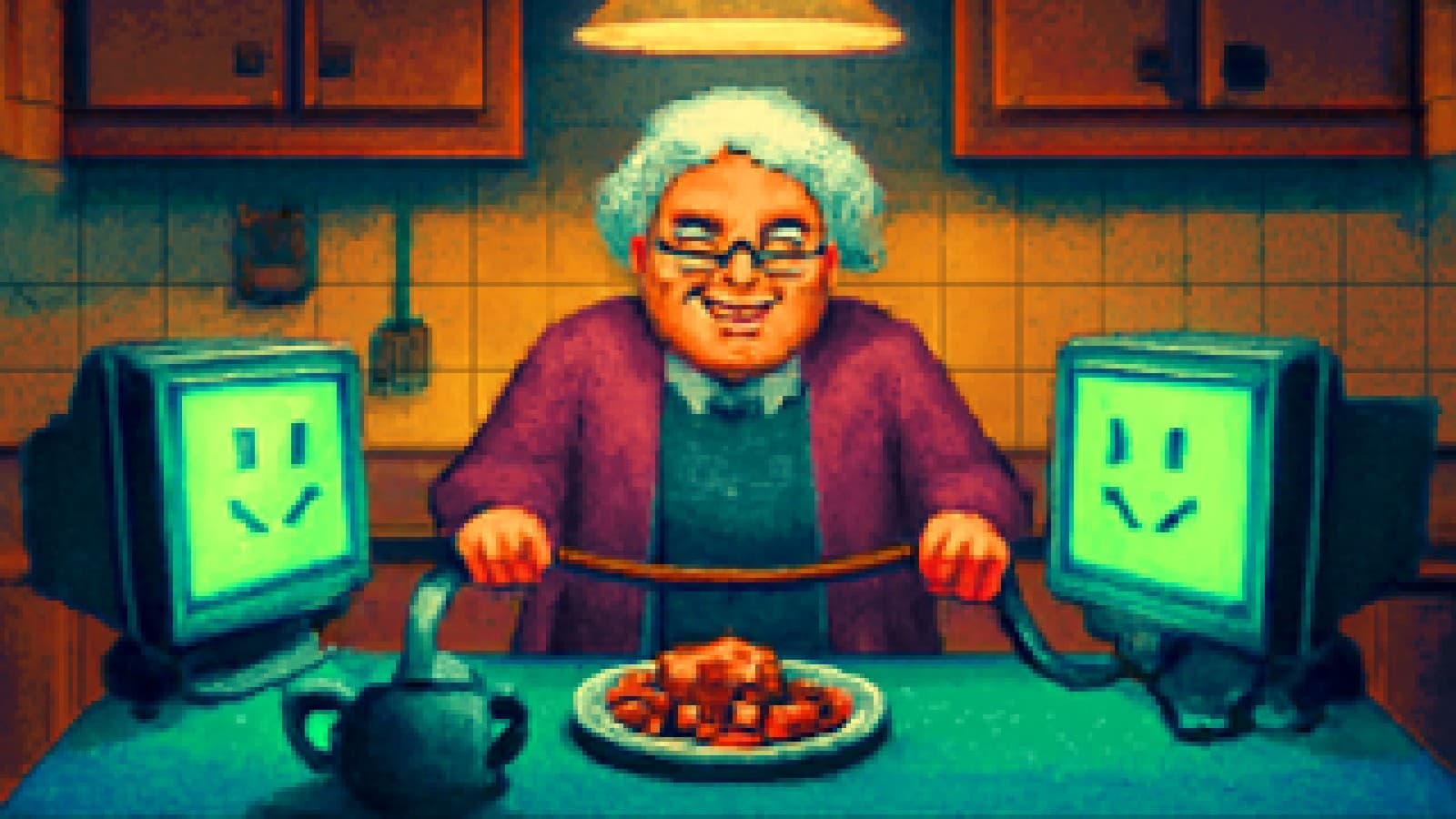 Pixel-art grandmother refereeing two glowing chatbot screens tugging over a biscuit plate in a cosy kitchen
