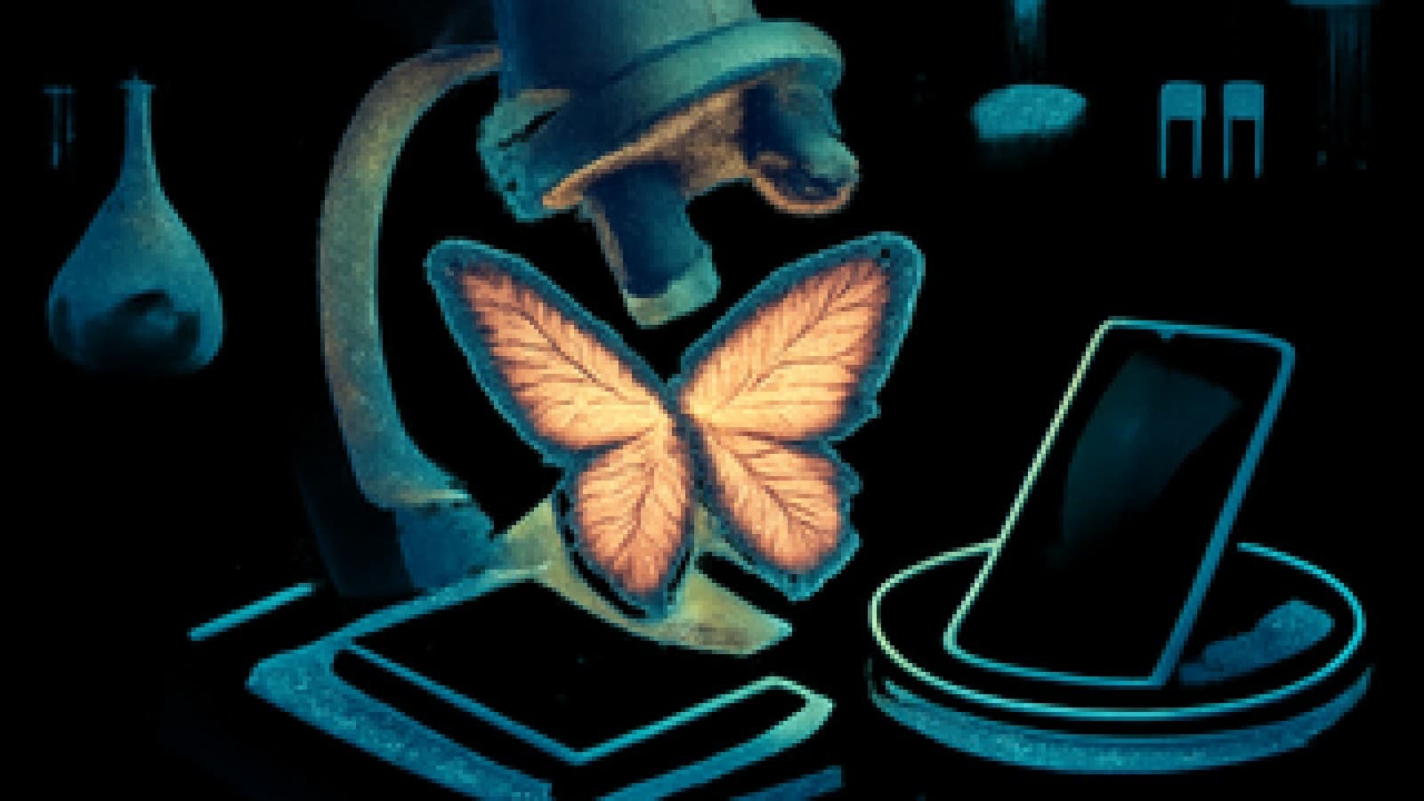 Pixel-art lab scene of a folding phone emerging like a butterfly beside a plain phone in a petri dish