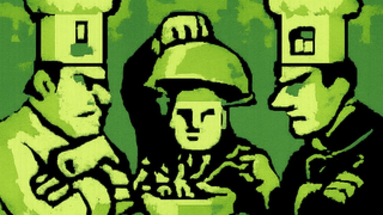 Pixel-art cook-off with two glaring chefs and a judge lifting a cloche over a bowl as tiny figures pass a ladle along a chain.