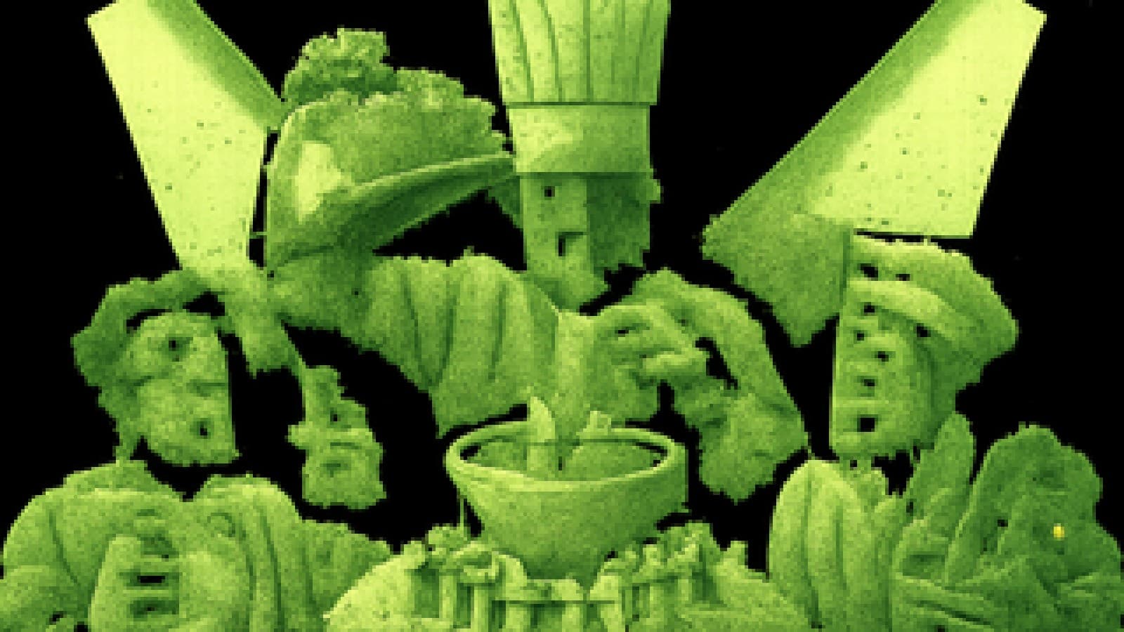 Pixel-art cook-off stage where a judge lifts a cloche over a bowl as tiny figures pass a ladle, while two stunned rival chefs watch.