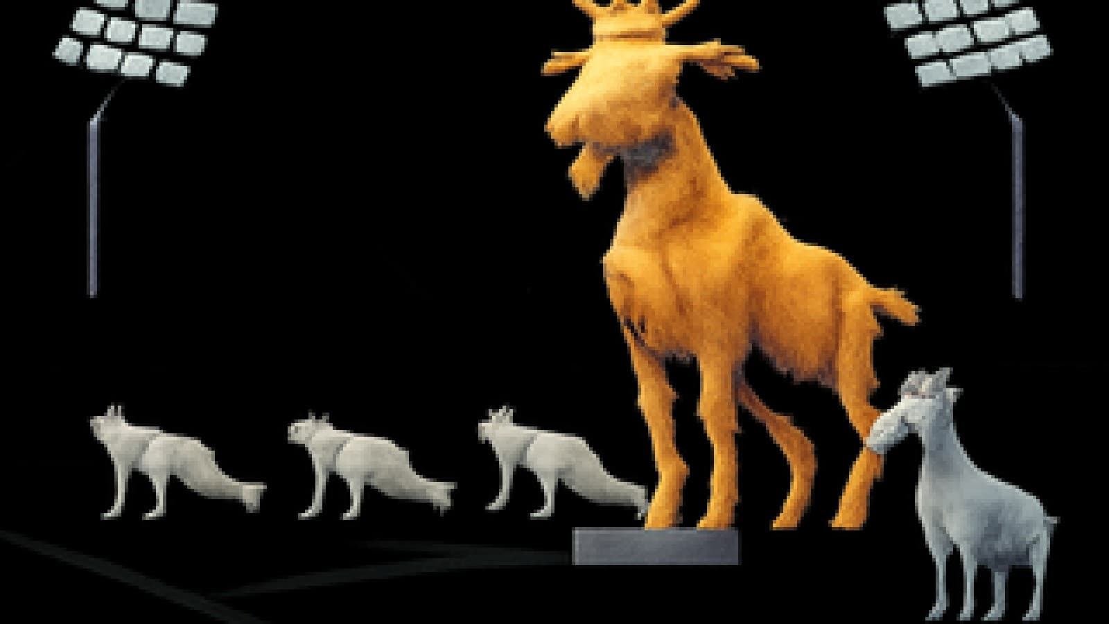 Pixel-art stadium with a crowned golden goat on a podium, a silver goat next to it, and three goats doing push-ups behind.