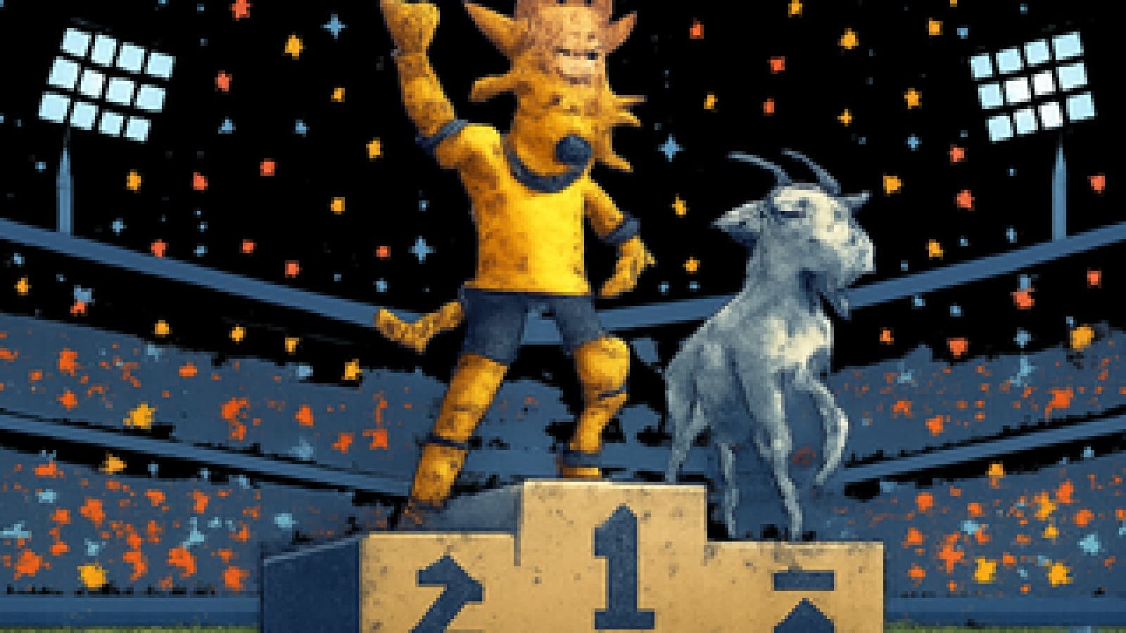 Pixel-art golden goat with a crown on top of a football podium in a stadium, with a silver goat on the second step and confetti falling.