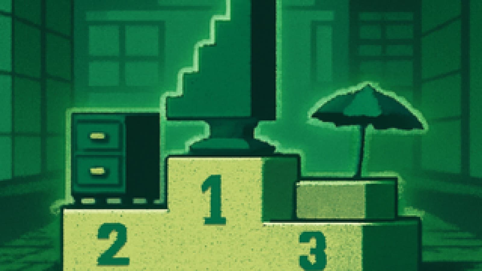 Pixel-art podium with a staircase trophy in first place, a filing cabinet in second, and an empty sandy pedestal with a beach umbrella nearby.