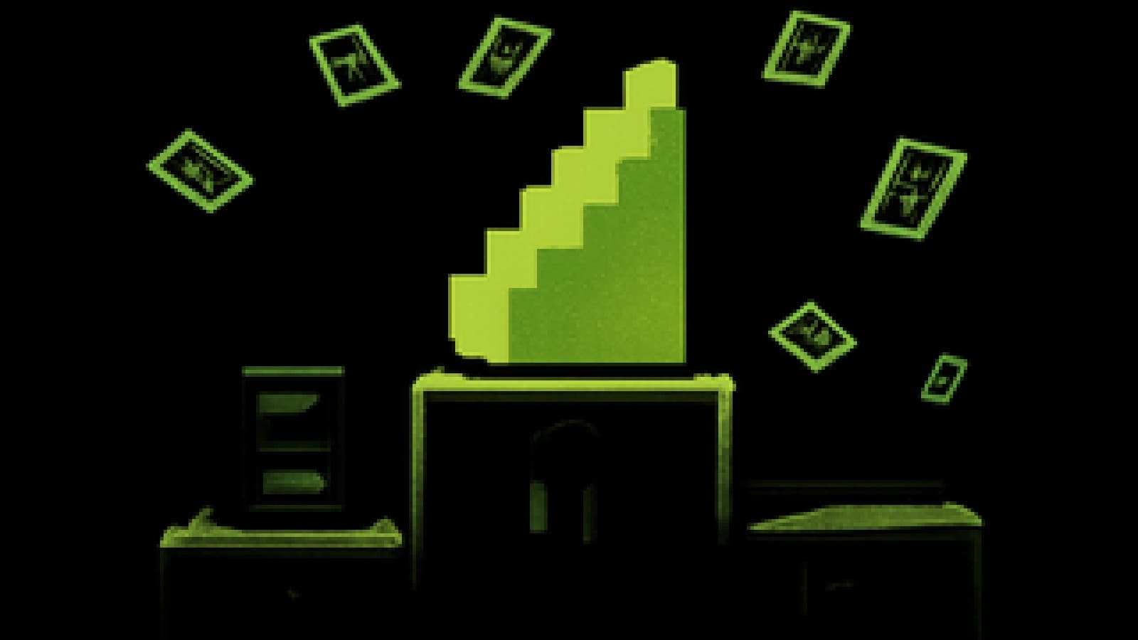 Pixel-art golden seven-step staircase on a winner's podium, with a filing cabinet in second place and tax-form confetti falling.